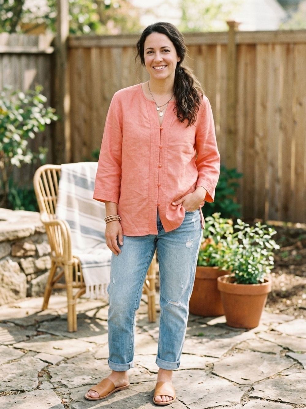Van Heusen Coral Pink Linen Blend Button Down Blouse Top L
